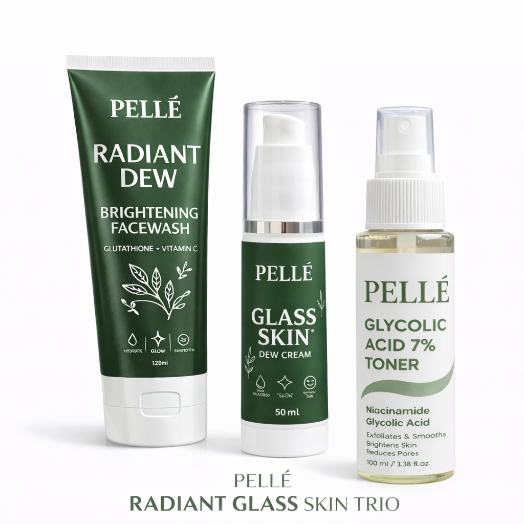 Pellé Radiant Glass Skin Trio – Brightening Facewash, Glass Skin Dew Cream & Glycolic Acid Toner | Complete Glow & Renewal Routine